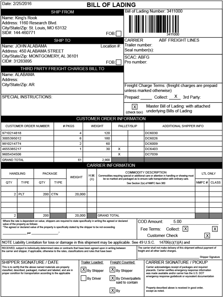 Bill of landing